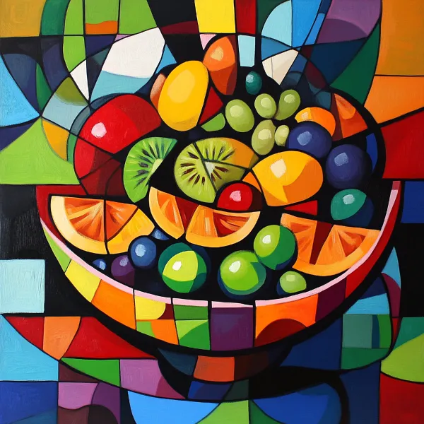 a cubist artwork of a bowl of fruit generated in Midjourney
