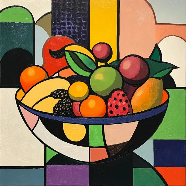 a cubist artwork of a bowl of fruit generated in Midjourney