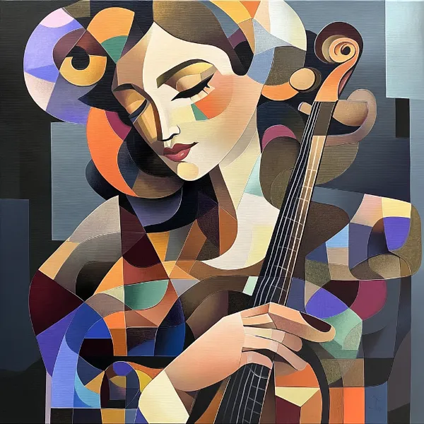a cubist artwork of a woman playing an instrument generated in midjourney
