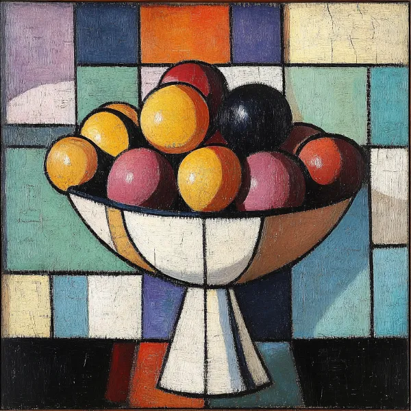 a cubist artwork of a bowl of fruit generated in Midjourney