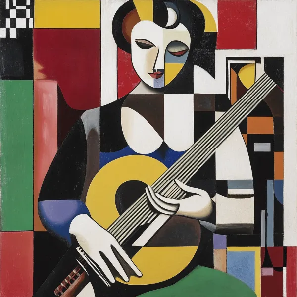 a cubist artwork of a woman playing an instrument generated in midjourney