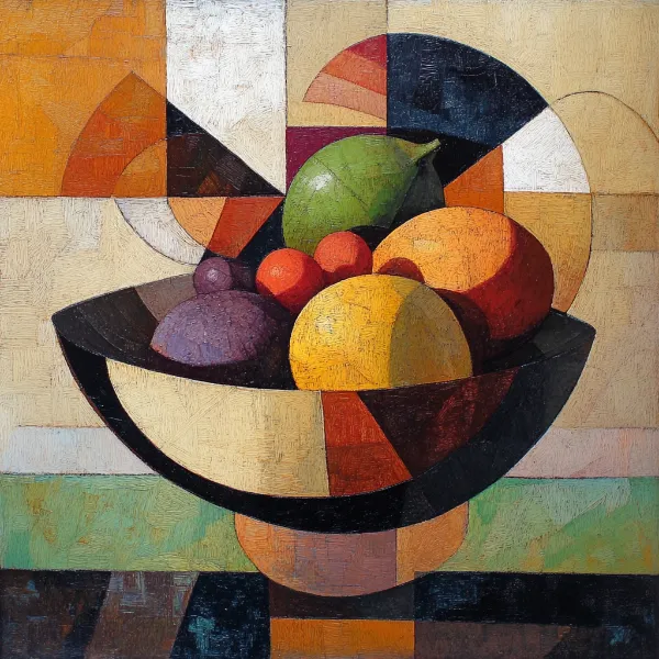a cubist artwork of a bowl of fruit generated in Midjourney