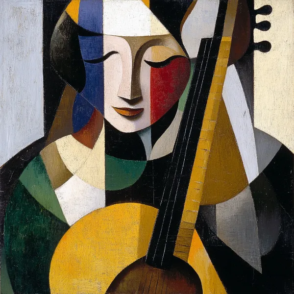 a cubist artwork of a woman playing an instrument generated in midjourney