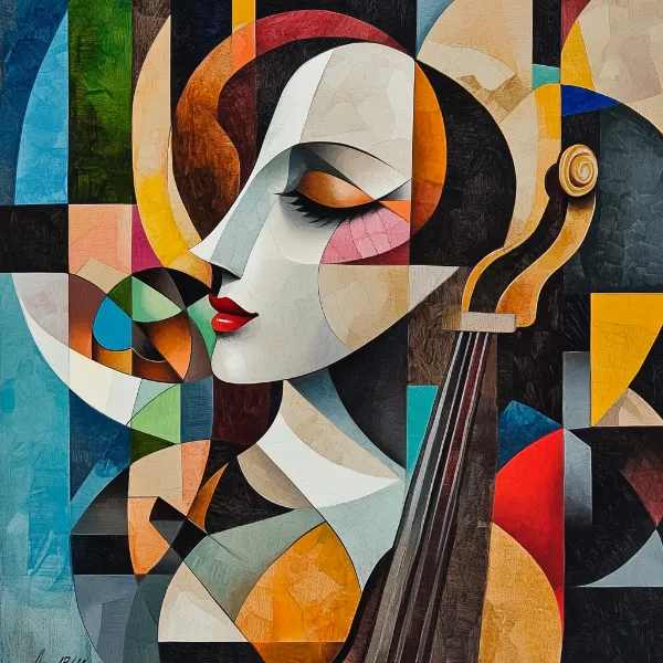 a cubist artwork of a woman playing an instrument generated in Midjourney