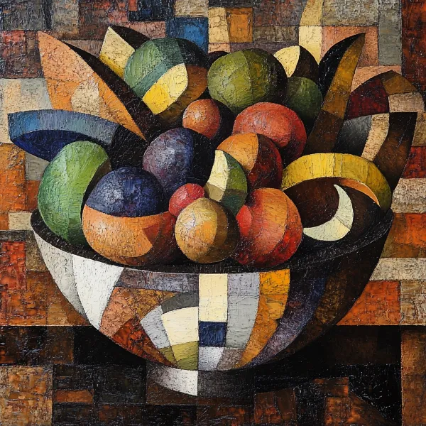 a cubist artwork of a bowl of fruit generated in Midjourney