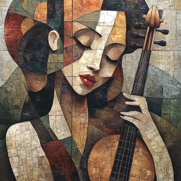 a cubist artwork of a woman playing an instrument generated in Firefly