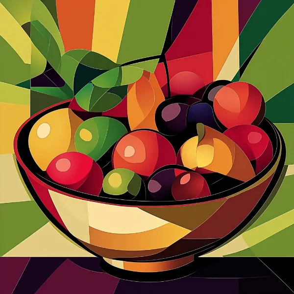 a cubist artwork of a bowl of fruit generated in Firefly