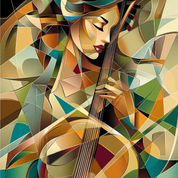 a cubist artwork of a woman playing an instrument generated in midjourney